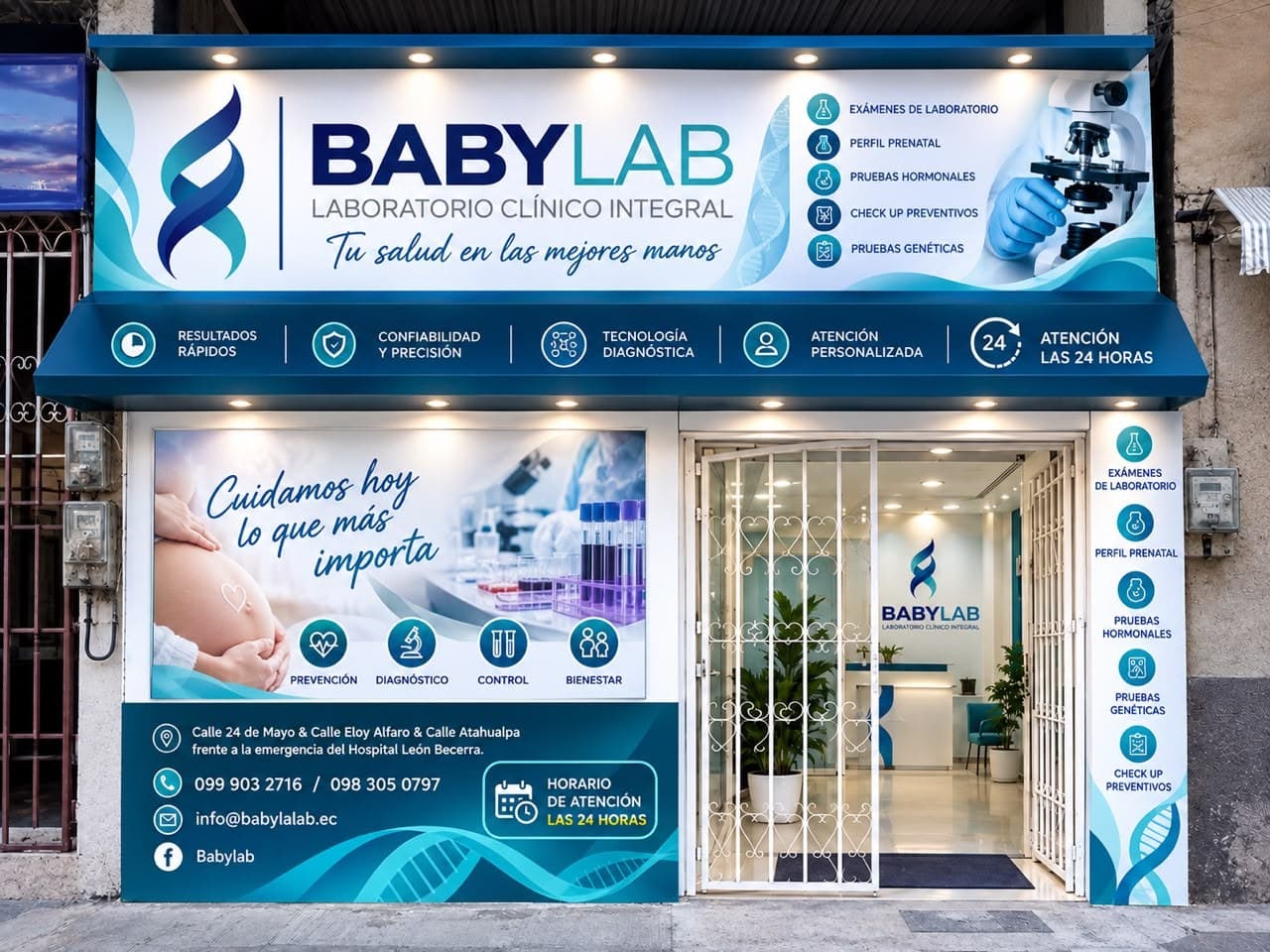 Fachada de BabyLab con el letrero de servicios y atención las 24 horas
