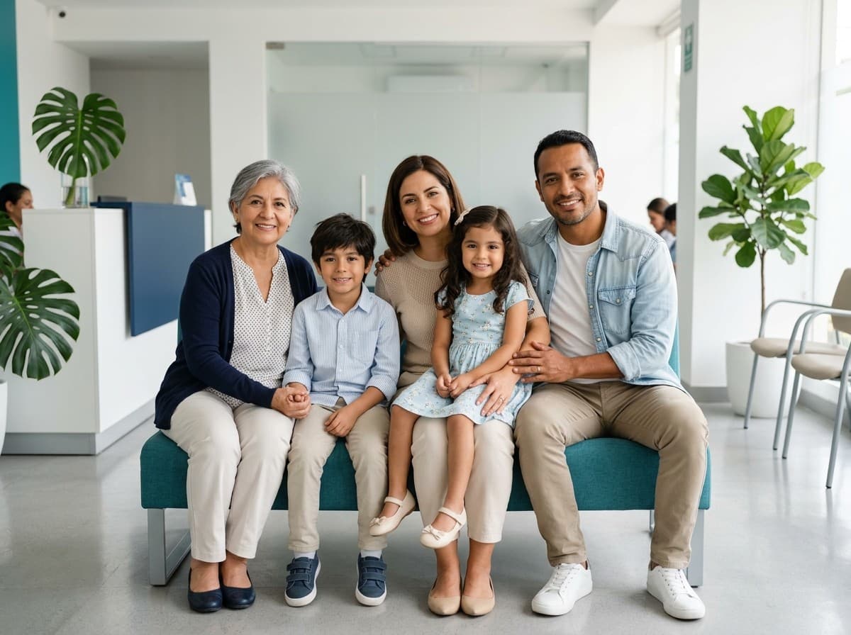 Familia de tres generaciones sentada en la sala de espera de un laboratorio clínico
